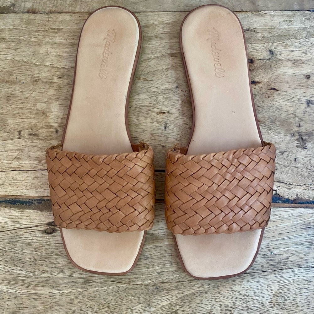Madewell Lianne Slide In Brown Woven Leather Sandals Slides Shoes size 8.5